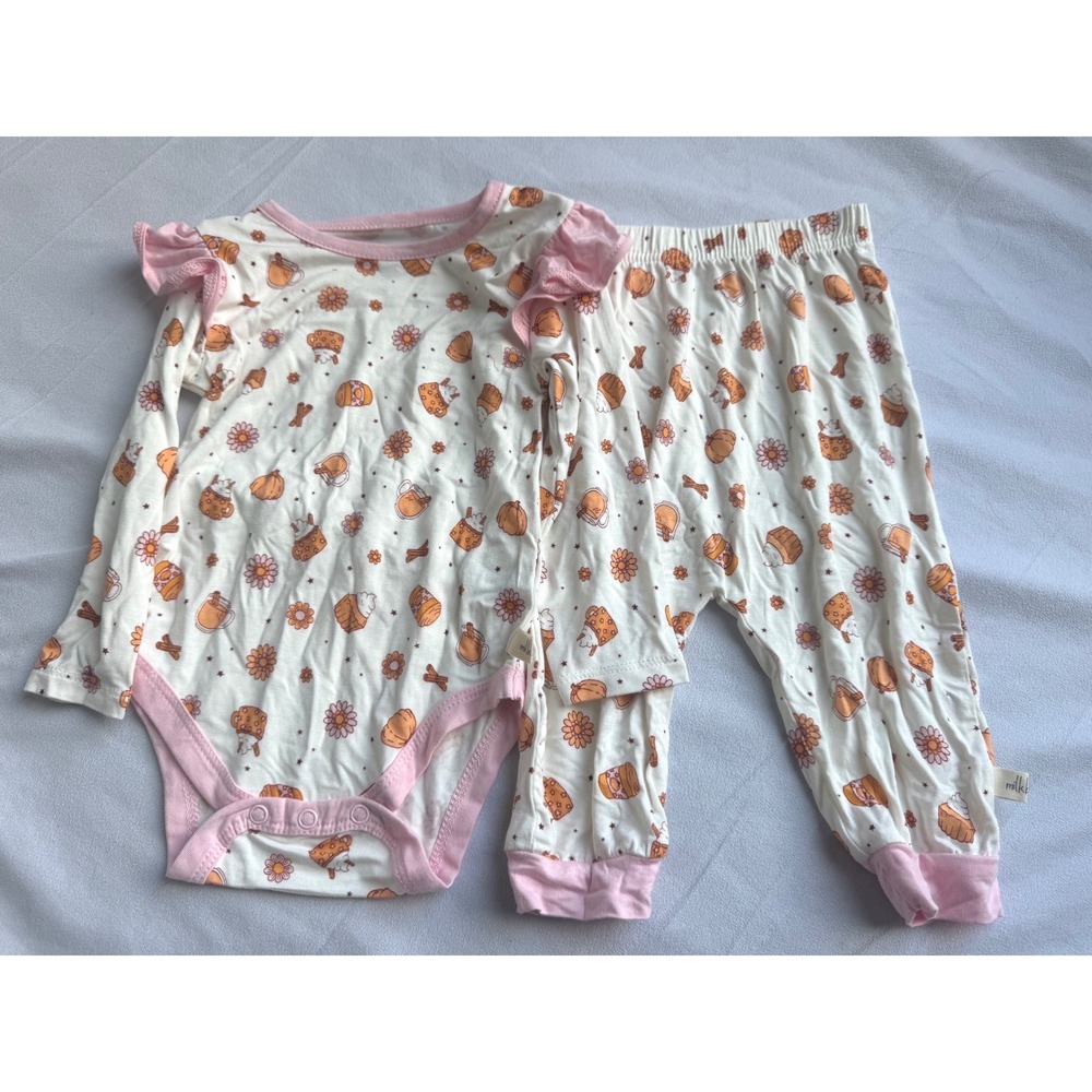 Milkberry Baby Girl Fall Pumpkin Latte Ruffle Bodysuit and Pants Set 6-9M Bamboo